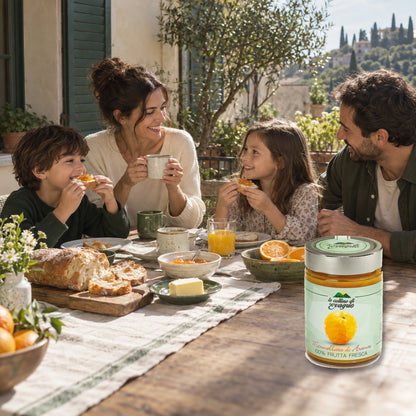 Colazione in famiglia con marmellata di arance