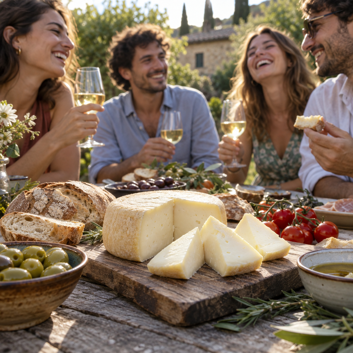 Caciotta fresca di mucca servita durante un aperitivo tra giovani amici