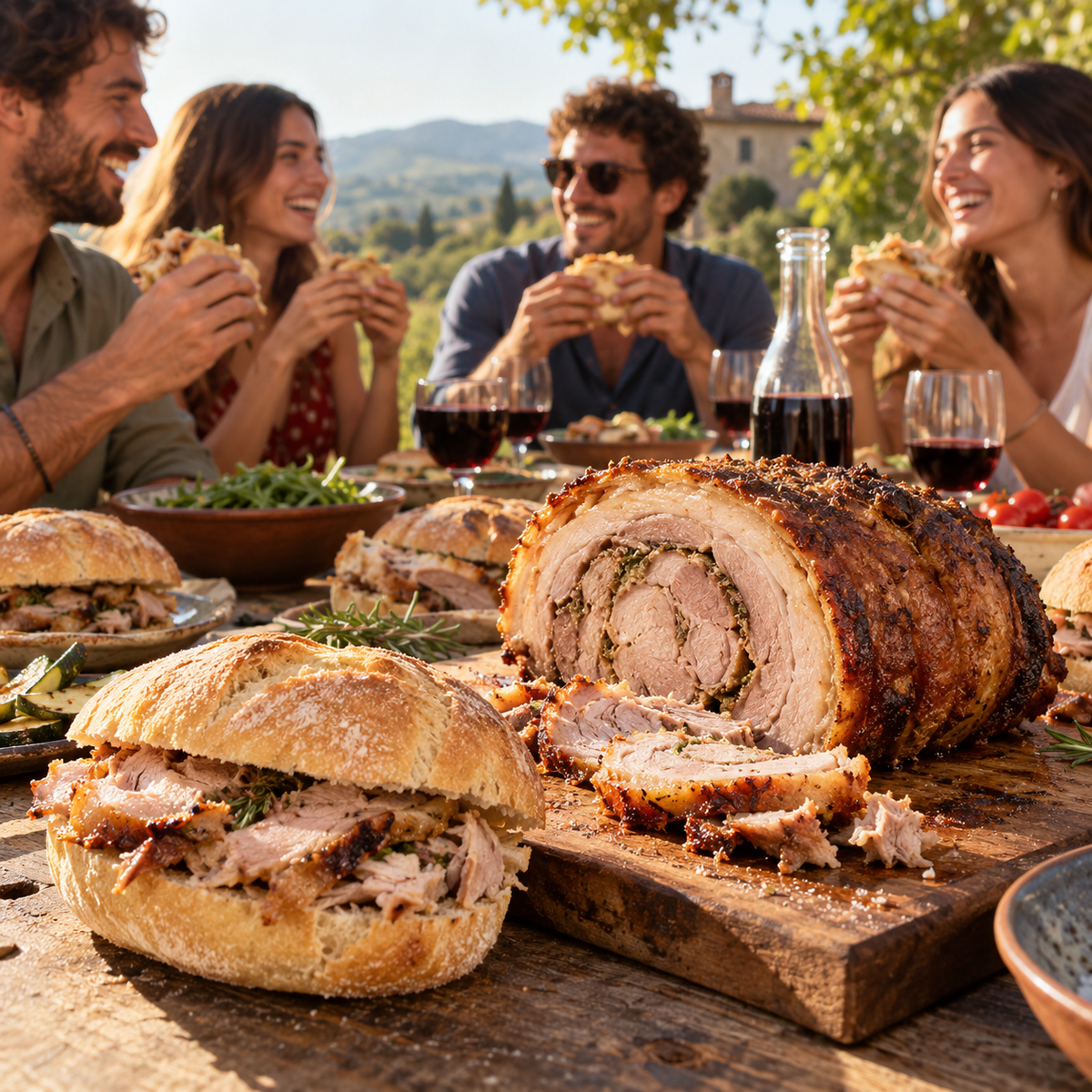 Rostino di porchetta artigianale servito in panini durante una festa in giardino