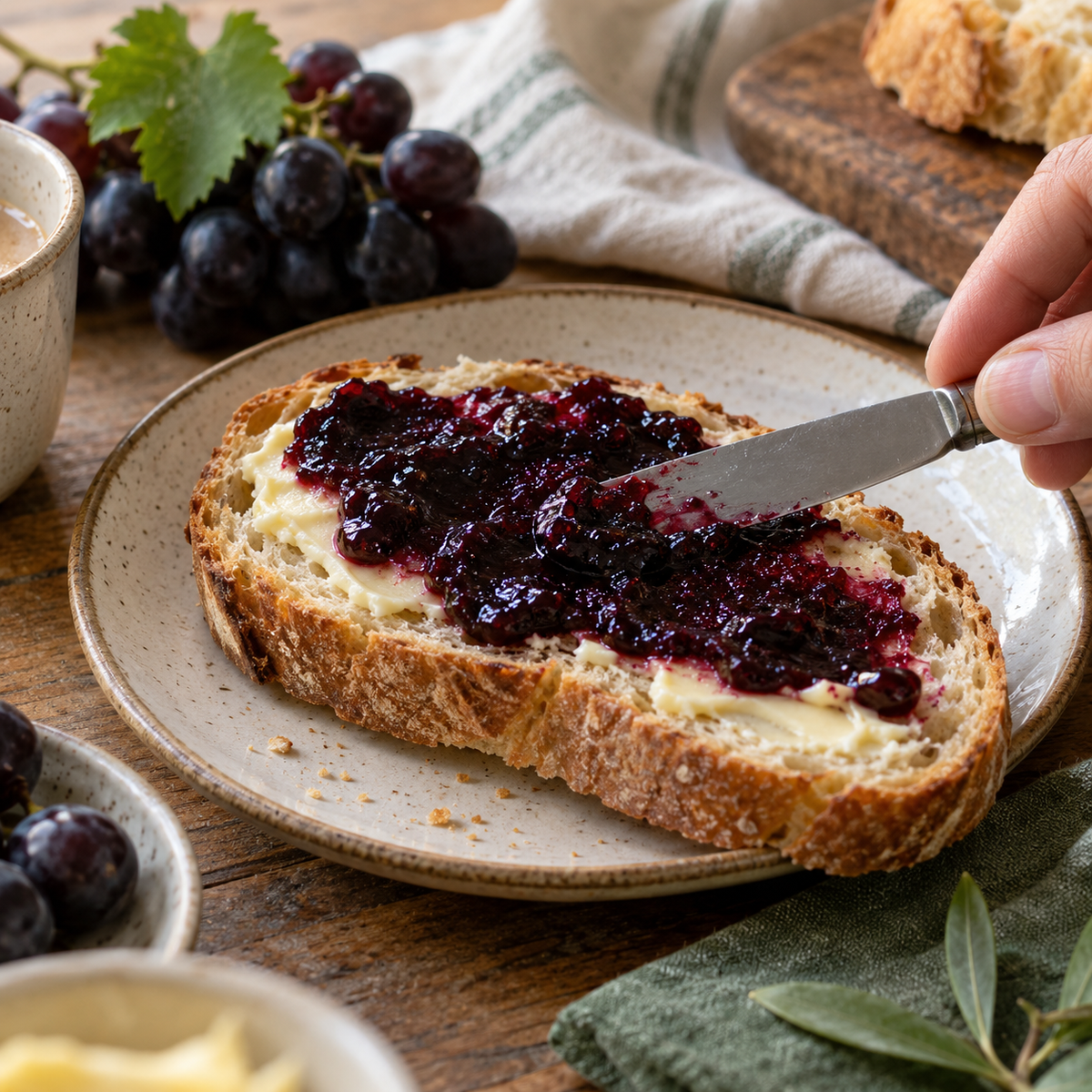 Pane con burro e confettura di uva Montepulciano